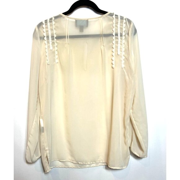 Cynthia Rowley Sheer Lace Trim Blouse Cream Long Sleeve Lightweight Womens Large - Picture 3 of 11